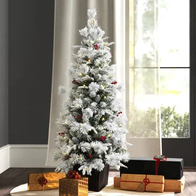 Luxenhome 4.5ft Pre-lit Snow Flocked Potted Artificial Christmas Tree With Cherries In Multi