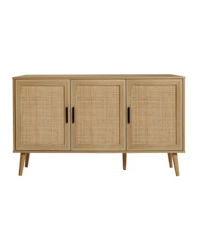 Luxenhome 47.2" Wide 3-door Rattan Light Oak Finish Wood Sideboard Cabinet