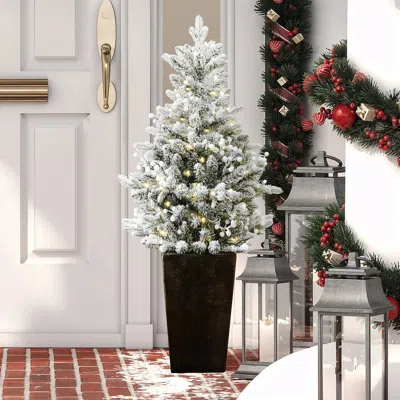 Luxenhome 4ft Pre-lit Flocked Artificial Tree In Tall Pot In Multi