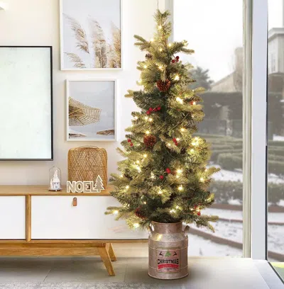 Luxenhome 4ft Pre-lit Led Artificial Pine Christmas Tree With Pine Cones, Berries, And Metal Pot In Multi