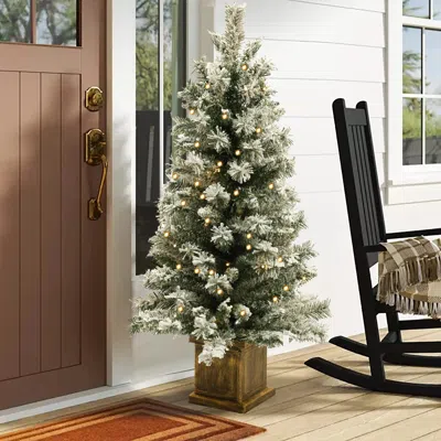 Luxenhome 4ft Pre-lit Led Battery-operated With Timer Artificial Flocked Fir Christmas Tree With Square Plante In Multi