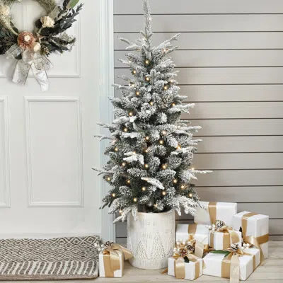Luxenhome 4ft Pre-lit Snow-flocked Potted Christmas Tree, Battery-powered In Multi