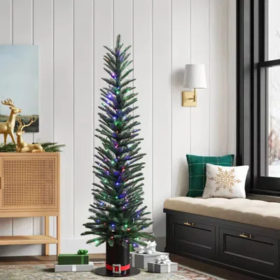 Luxenhome 5.5ft Pre-lit Green Artificial Tree With Tophat Pot In Black
