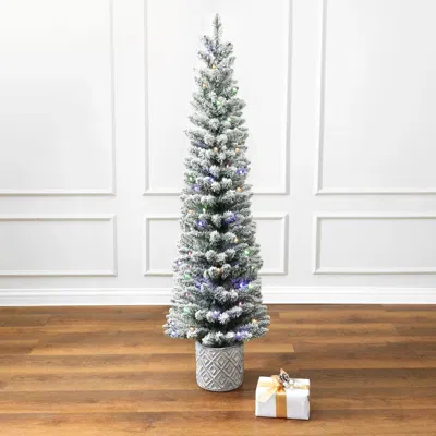 Luxenhome 5ft Flocked Artificial Tree Potted With Multi-color Lights