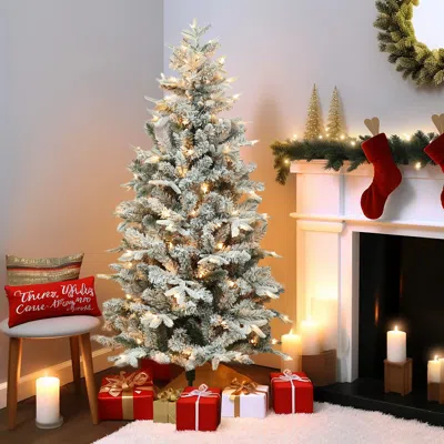 Luxenhome 5ft Pre-lit Full Artificial Flocked Christmas Tree In Multi