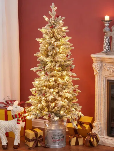 Luxenhome 5ft Pre-lit Led Artificial Flocked Slim Fir Christmas Tree With Metal Pot And Red Holly Berries In Multi