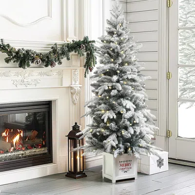 Luxenhome 5ft Pre-lit Snow Flocked Full Pine Potted Artificial Christmas Tree In Multi