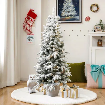 Luxenhome 5ft Pre-lit Snow Flocked Slim Fir Potted Artificial Christmas Tree In Green
