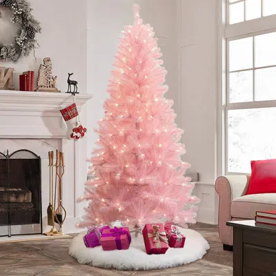 Luxenhome 6.5ft Pre-lit Pink Full Artificial Christmas Tree In Green