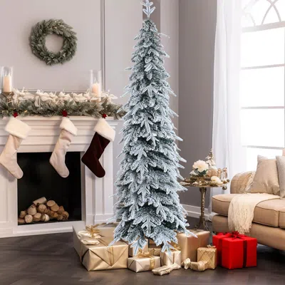 Luxenhome 6.8ft Pencil Slim Artificial Snow-flocked Christmas Tree In Gray