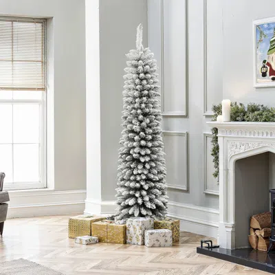 Luxenhome 6ft Pencil Slim Artificial Flocked Green Christmas Tree In White