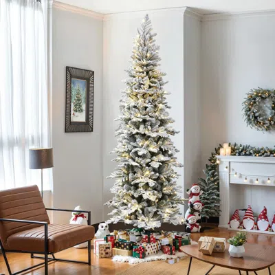 Luxenhome 7.5ft Pre-lit Flocked Artificial Christmas Tree With Pine Cones In Green