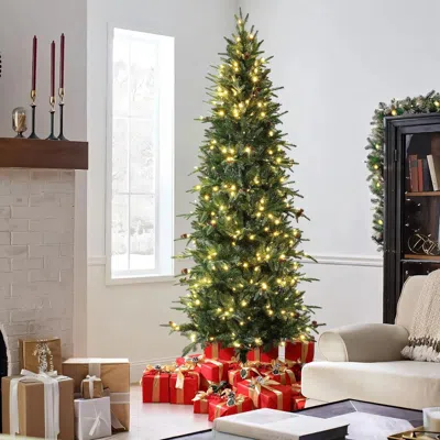 Luxenhome 7.5ft Pre-lit Green Slender Artificial Christmas Tree With Pine Cones