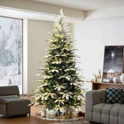 Luxenhome 7ft Pre-lit Flocked Fraser Fir Slim Artificial Christmas Tree In Multi