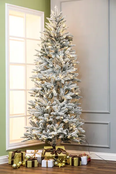 Luxenhome 7ft Pre-lit Led Artificial Flocked Slim Fir Christmas Tree In Multi