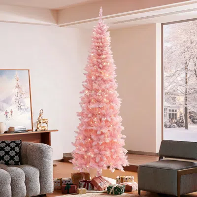 Luxenhome 7ft Pre-lit Pink Slim Tree With Metal Stand In Multi