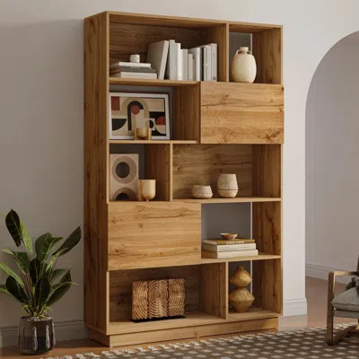 Luxenhome Anton Wood Finish Bookcase With Cabinet Storage In Brown
