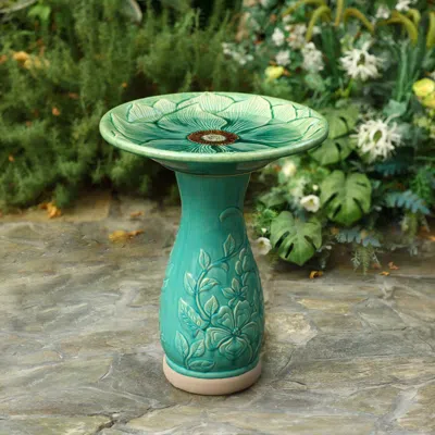 Luxenhome Aqua Glazed Flower Ceramic Birdbath In Green