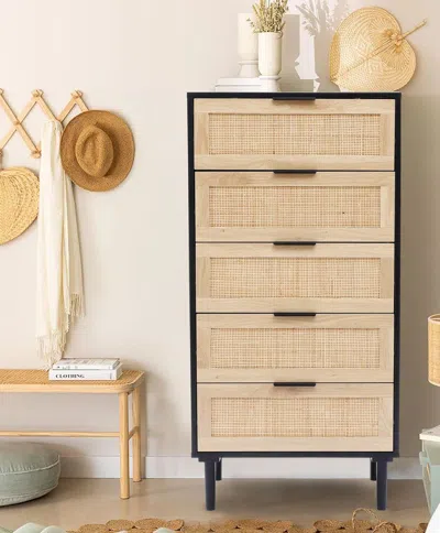 Luxenhome Azhar Black 5-drawer Rattan Dresser In Brown