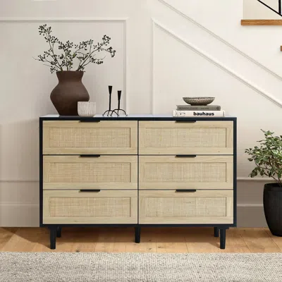 Luxenhome Azhar Black 6-drawer Rattan Dresser, 29.5"h In Brown
