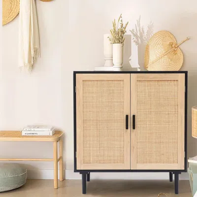 Luxenhome Azhar Wood Rattan Storage Cabinet With 2-doors, Black And Brown