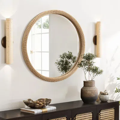 Luxenhome Bamboo Frame Round Accent And Vanity Wall Mirror In Brown