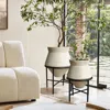 Luxenhome Beige Cauldron Cachepot Planter With Black Stands, Set Of 2 In Neutral