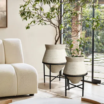 Luxenhome Beige Cauldron Cachepot Planter With Black Stands, Set Of 2 In Neutral