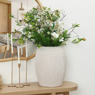 Luxenhome Beige Ribbed Round Mgo Vase,  15.2'' H In White