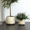 Luxenhome Beige Ribbed Stone-effect Mgo Short Planters, Set Of 2 In Neutral