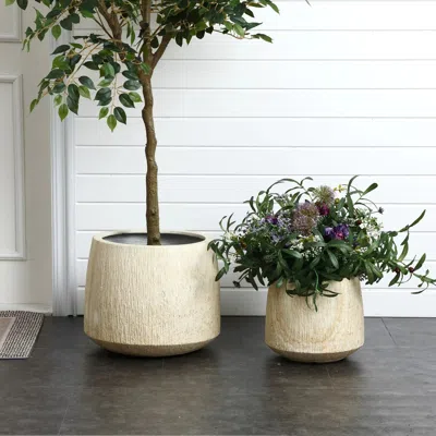 Luxenhome Beige Ribbed Stone-effect Mgo Short Planters, Set Of 2 In Neutral