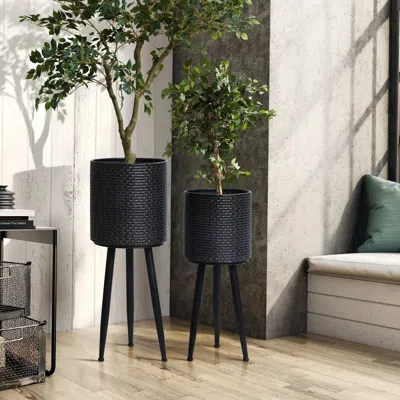 Luxenhome Black Dimpled Metal Cachepot Planters With Black Metal Legs In Multi