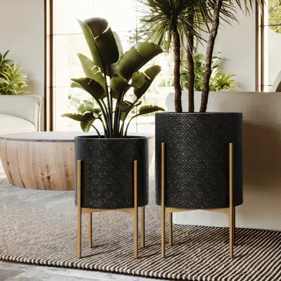 Luxenhome Black Floral Stamped Metal Cachepot Planters, Set Of 2 In Multi