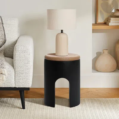 Luxenhome Black With Natural Rattan Finish Cement U-shaped Base Outdoor Patio Side Table In Multi
