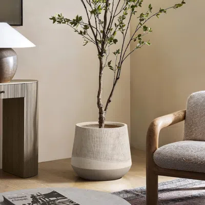 Luxenhome Blended Tan With Wood Pattern Round Tapered Planter, 15" H In Multi