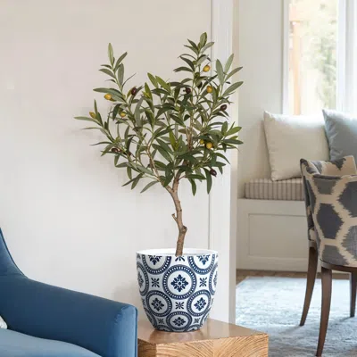 Luxenhome Blue & White Flower Pattern Round Tapered Planter, 9.4" H In Multi