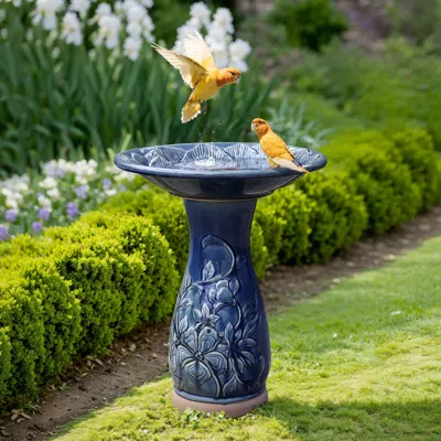Luxenhome Blue Ceramic Birdbath With Petals And Vines Pattern In Multi