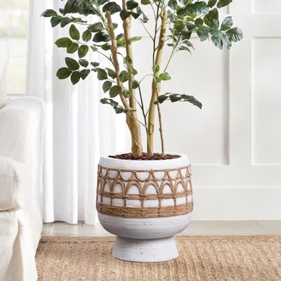 Luxenhome Boho White With Brown Accents Round Mgo Planter, 11'' H In Multi