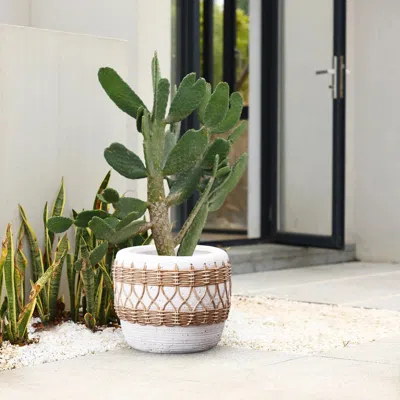 Luxenhome Boho White With Brown Accents Round Mgo Planter, 12.2'' H In Multi
