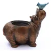Luxenhome Brown Hippo And Blue Bird Mgo Flower Pot Planter In Brown