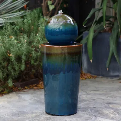 Luxenhome Bubbler Water Fountain – Glazed Ceramic Sphere On Pillar In Blue & Brown