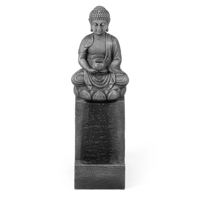 Luxenhome Buddha Water Fountain With Led Light – Gray Resin Column Base