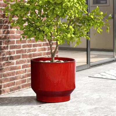 Luxenhome Burgundy Red Glazed Round Ceramic Planter, 11.61" H
