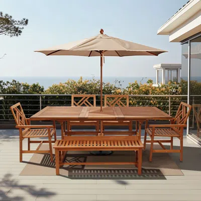 Luxenhome Carmel Solid Wood Outdoor Dining Set In Brown