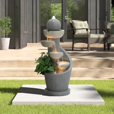 Luxenhome Cascading Pot Fountain With Lights – 5-tier Spiral Gray Resin Outdoor Design