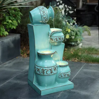 Luxenhome Cascading Water Fountain With Lights – 4-tier Blue Ornate Jugs Design