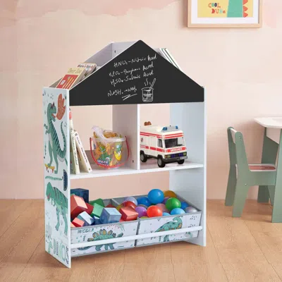 Luxenhome Children's Multi-functional Dinosaur House Bookcase Toy Storage Bin Floor Cabinet With Blackboard In Blue