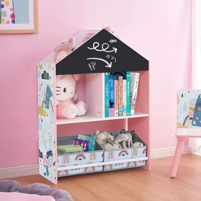 Luxenhome Children's Multi-functional House Bookcase Toy Storage Bin Floor Cabinet With Blackboard, Pink