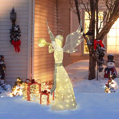 Luxenhome Christmas Angel Playing Trumpet Light Holiday Decor, 5ft In Gray