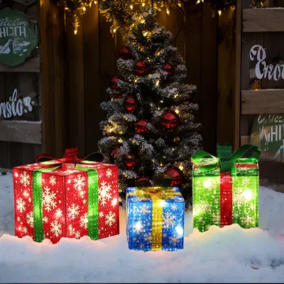 Luxenhome Christmas Colored Presents Lighted Holiday Decoration- Set Of 3 In Multi